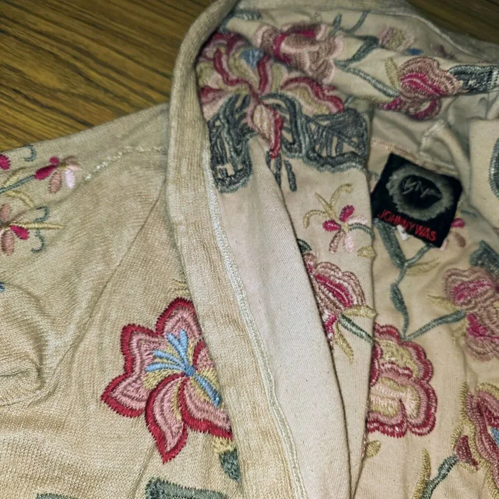 JOHNNY WAS BIYA Sz S Floral Embroidered Open Front Hood Cardigan Duster Sweater